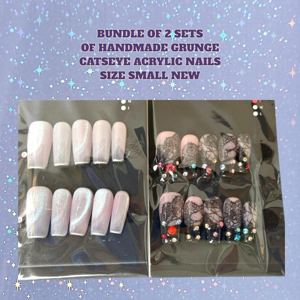 2 SETS OF Fairy grunge handmade acrylic  catseye rhinestone nails set small NEW